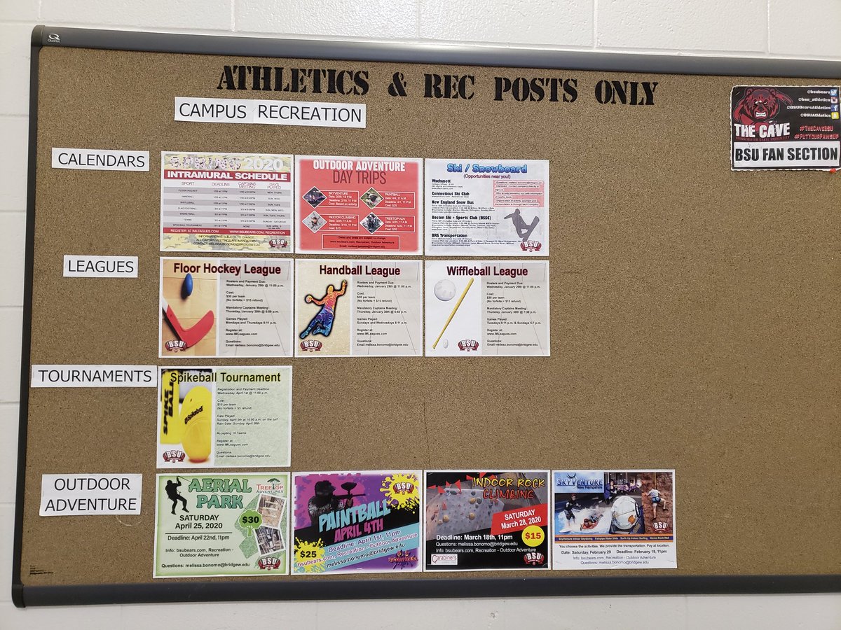 BSU_Intramurals's tweet photo. Hey Bears! When you get back to campus, make sure to look up from your phone. We have our own bulletin boards in Tinsley (stairs and bball courts), RCC (outside of OSIL), and in Kelly (hallway between gym and pool).
Sign up at https://t.co/9PaQXdkY4c https://t.co/bZpN3uJium