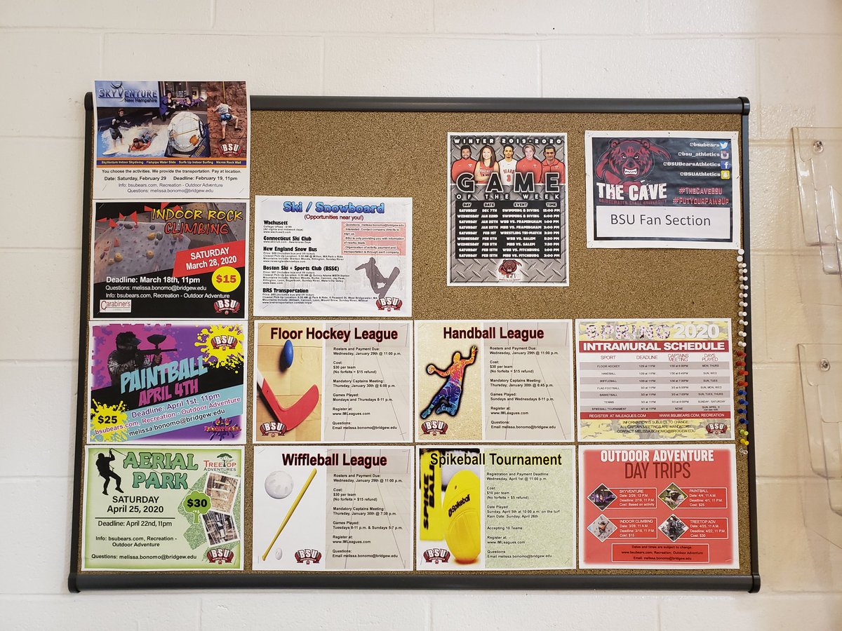 BSU_Intramurals's tweet photo. Hey Bears! When you get back to campus, make sure to look up from your phone. We have our own bulletin boards in Tinsley (stairs and bball courts), RCC (outside of OSIL), and in Kelly (hallway between gym and pool).
Sign up at https://t.co/9PaQXdkY4c https://t.co/bZpN3uJium