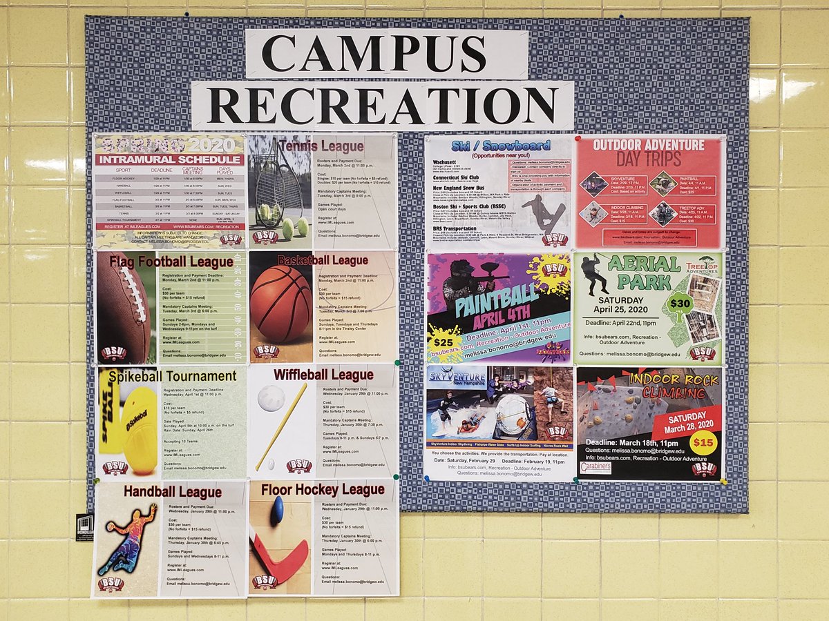 BSU_Intramurals's tweet photo. Hey Bears! When you get back to campus, make sure to look up from your phone. We have our own bulletin boards in Tinsley (stairs and bball courts), RCC (outside of OSIL), and in Kelly (hallway between gym and pool).
Sign up at https://t.co/9PaQXdkY4c https://t.co/bZpN3uJium