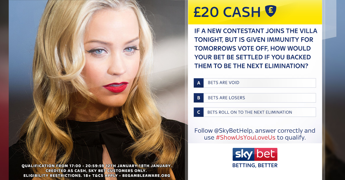 🏆 Follow <a href="/SkyBetHelp/">Sky Bet Help</a> and answer correctly with #ShowUsYouLoveUs for a chance to win £20 cash!

It's time for another #LoveIsland question! 😍
 
👍 Retweet to test your mates!

📑 Open 5pm - 9pm tonight. T&amp;Cs 👉 bit.ly/2RbNjTk