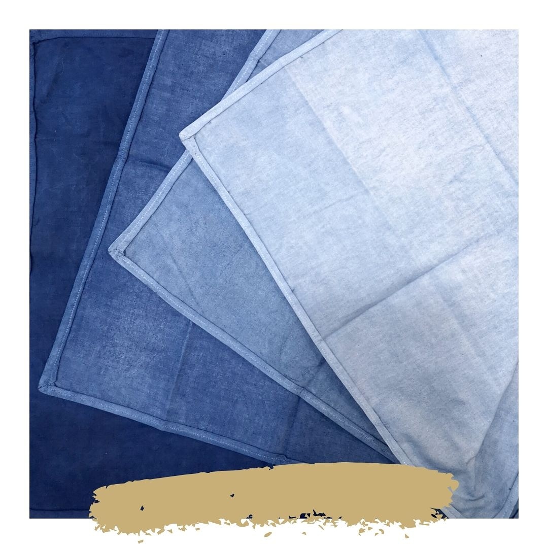 Did you know that only natural materials can hold indigo dye? 
On our workshop, you'll work with 100% cotton napkins, hand-scoured and finished by our teacher Ghazal. You'll get to make four total, so you can create an ombre selection like this set: jutashoes.com/store/p259/Nat…