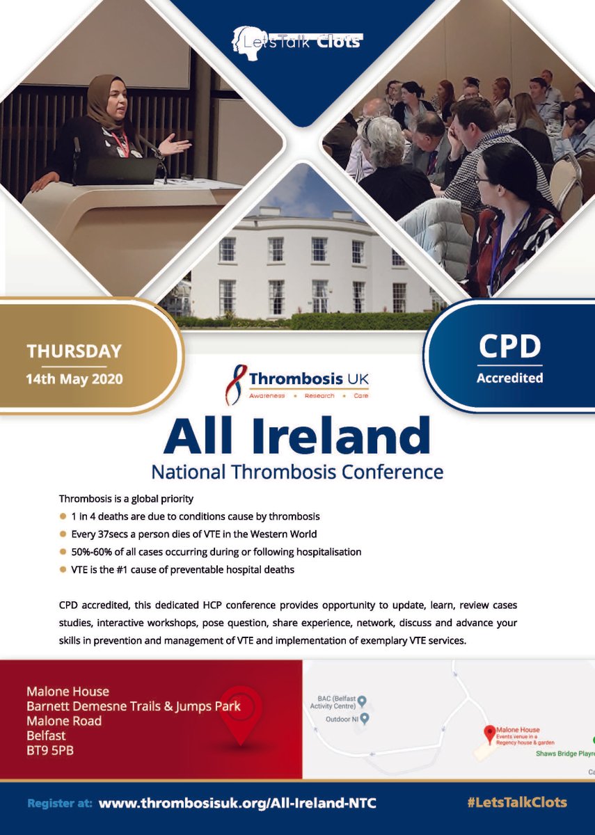 ThrombosisUK's tweet photo. Time to register for All #Ireland National #Thrombosis conference #LetsTalkClots #CPD accreditation. Learn, update, advance care, network, #PreventProtectInform https://t.co/lLrEld1JQX https://t.co/x0JkpiDZAW