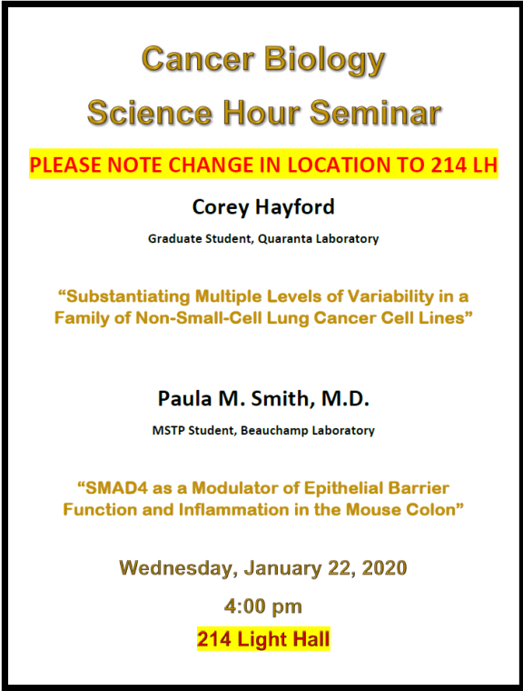 VUBasicSciences's tweet photo. Our Cancer Biology Science Hour Seminar is back with two back-to-back talks by @corey_hayford (@quarantalab) and @PaulaMSmithMD (@beauchrdb)!

Hayford will cover variability in NSCL cancer, and Smith the epithelial barrier in the colon.

Tomorrow (1/22) at 4pm in 214 LH! https://t.co/yBf921uJwR