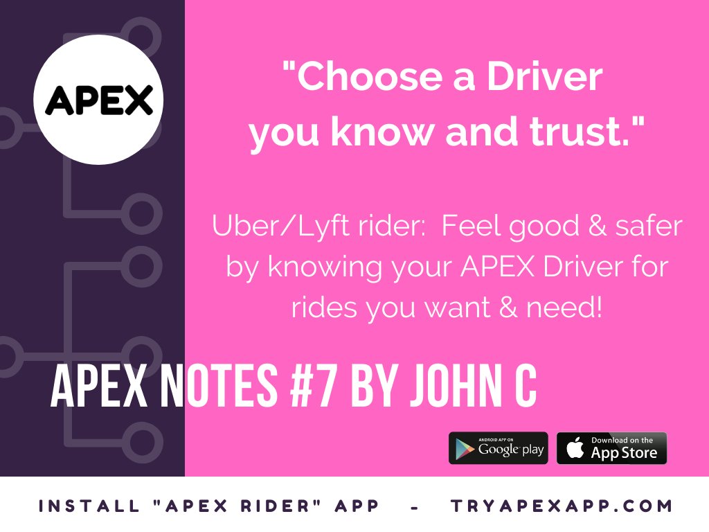 TryAPEX's tweet photo. Uber/Lyft Riders:  "Choose a Driver you know and trust with the APEX Rider app."

https://t.co/eA3oyElJF6

APEX Notes #7 by John C.
#apex #apexrider #uber #uberrider #lyft #lyftrider #rideshare https://t.co/XiljqkQWZI