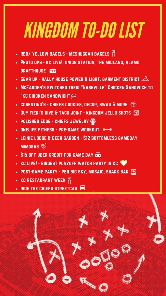 Kingdom To-Do List!!❤️🏈 <a href="/KCLiveBlock/">Kansas City Live!</a> <a href="/kcstreetcar/">KC Streetcar 🚊💙</a> <a href="/UnionStationKC/">Union Station KC</a> <a href="/AlamoKC/">Alamo Kansas City</a> <a href="/themidland/">The Midland Theatre</a> <a href="/MeshuggahBagels/">Meshuggah Bagels</a> <a href="/LeinenkugelsKC/">Leinie Lodge & Beer Garden</a> <a href="/McFaddensKC/">McFadden's KC</a> <a href="/SportsRadio810/">Sports Radio 810 WHB</a> <a href="/KCGARMENT/">KC GarmentCollective</a> <a href="/cosentinoskc/">Cosentino's Market</a> @ThePolishedEdge <a href="/OnelifeFitness/">Onelife Fitness</a> <a href="/OnelifeKC/">Onelife Fitness KC</a> <a href="/Uber_KC/">Uber KC</a> <a href="/RestaurantWeek/">KC Restaurant Week</a> <a href="/PBRBigSkyKC/">PBR Big Sky KC</a> <a href="/MosaicKC/">Mosaic Kansas City</a> @SharkBarKC