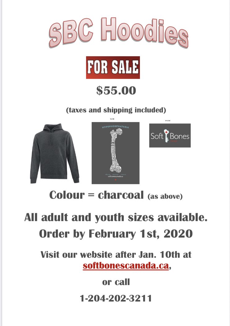 Get your Soft Bones Canada hoodie in time for Rare Disease Day! Order on our website or call 204-202-3211 #softbonescanada #rarediseaseday #hpp #hypophosphatasia