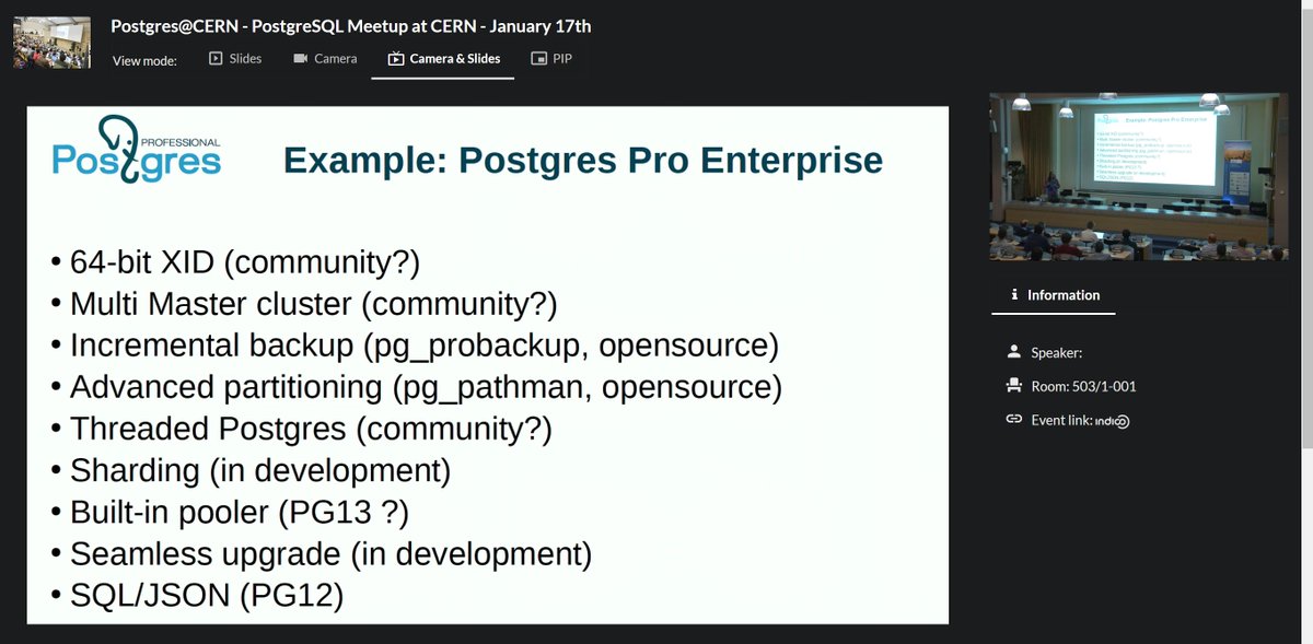 FranckPachot's tweet photo. Last talk at #PostgresAtCERN: @obartunov started to contribute to #postgresql when it had no WAL, no MVCC... Now showing how @PostgreSQL it is ready for enterprises (with some ideas to push to the roadmap) https://t.co/YwiKXOkaIJ