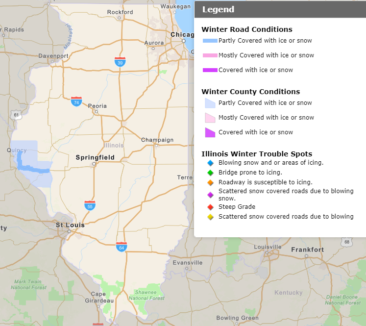IDOT_Illinois's tweet photo. Counties in the far west are starting to see impacts from snow, which is pushing farther east. Road conditions as of 11:15 am via https://t.co/nTSJWJkaXv. #ilwx #ILtraffic https://t.co/CUvmHcy8Ud