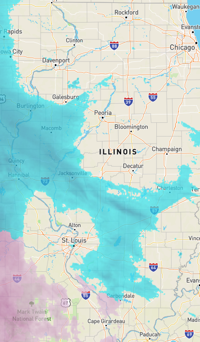 IDOT_Illinois's tweet photo. Counties in the far west are starting to see impacts from snow, which is pushing farther east. Road conditions as of 11:15 am via https://t.co/nTSJWJkaXv. #ilwx #ILtraffic https://t.co/CUvmHcy8Ud