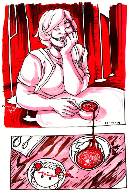 Creepy, eerie coffee shop vibes from this piece by @joyouspoke. We're still unsure if we want to visit this establishment or not… 
#FanArtFriday

?OP: https://t.co/hXgdksaGiH 