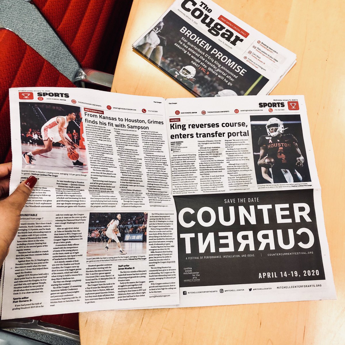 What’s black, white, and re(a)d all over? 📰 The back-to-school issue of <a href="/TheDailyCougar/">The Cougar</a> where we’ve spotted CounterCurrent! Save the date for an incredible week of bold experimental art on your back-to-school calendar, and happy #CougarRedFriday of course! 🐾