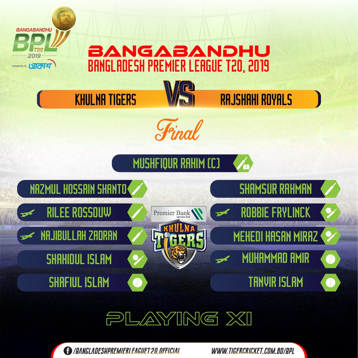 Rabbithole_bd's tweet photo. Playing XI of Khulna Tigers and Rajshahi Royals
#BBPL #RRvKT
#BPLseason7 https://t.co/n3srvwahoX