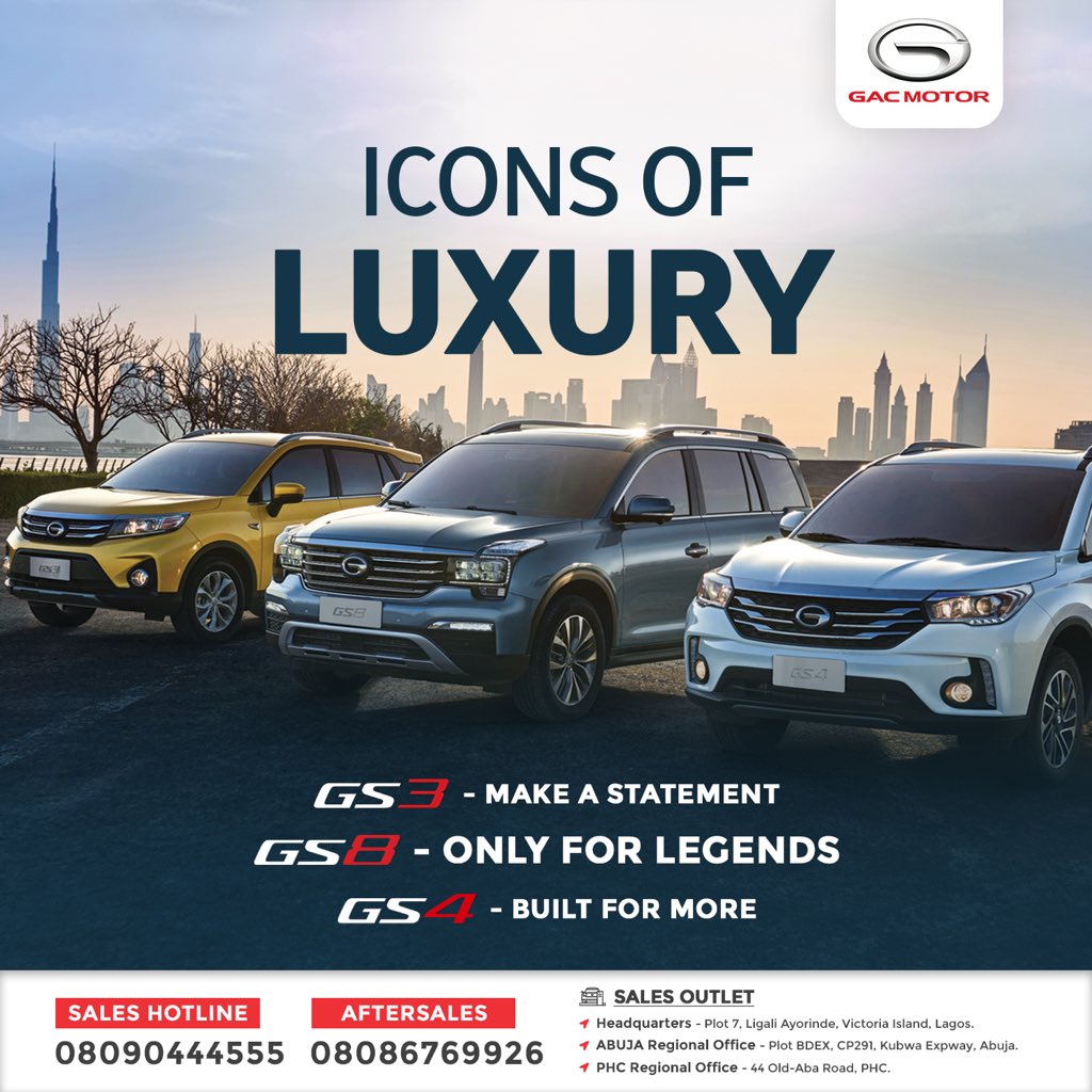 GACMotorNgr's tweet photo. Take bold moves, drive the new lifestyles with luxury.
Meet the GAC SUV Line Up - Icons of luxury.
#gacmotor #gacmotor_nigeria #gacgs8 #gacgs4 #gacgs3 #iconsofluxury #cars #carswithoutlimits #carsforsale #carsdaily #carlovers https://t.co/QlVkEUQY7R