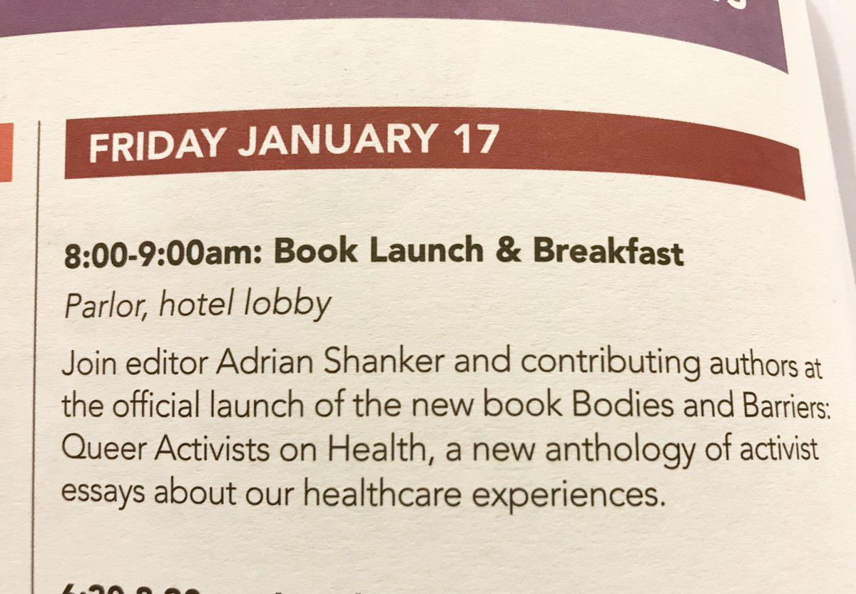 PMPressOrg's tweet image. This morning at #CC20! Book launch for Bodies &amp;amp; Barriers: Queer Activists on Health w/ Adrian Shanker &amp;amp; many contributors. Friday 8am in the Parlor FREE breakfast. Celebrate the release of this important new book! Info pmpress.org/blog/events/ad… @TheTaskForce #CC2020 #CreatingChange