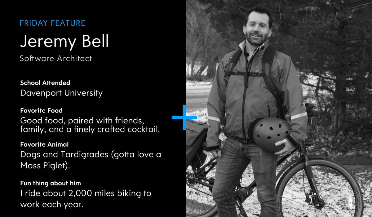 Everyone at CQL can vouch for Jeremy's "fun thing about him"! When Jeremy's not riding miles in the double digits every day, you'll find him on the Board of Code for Good West Michigan (@Codeforgoodwm).

Say hello to Jeremy!

#cql #fridayfeature #funfacts #cqlteam