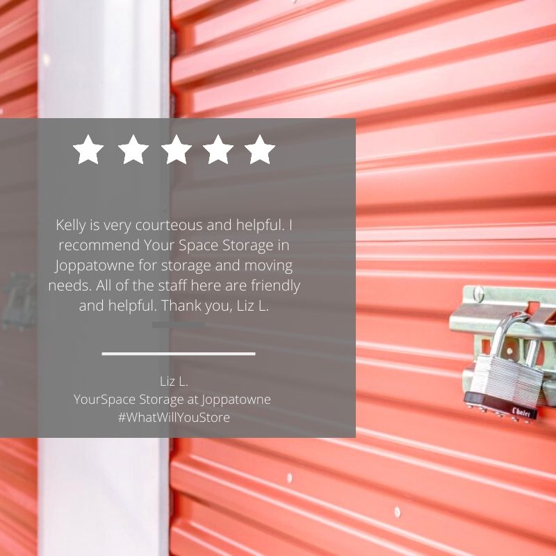 YourSpaceMD's tweet photo. We are kicking off #FiveStarFriday with one of our newest reviews from Liz, a customer at our #Joppatowne location. Thanks for storing with us, Liz, and thanks to our great team who continuously works hard to give each customer a 5-star experience. #WhatWillYouStore https://t.co/18E5z3VPLy