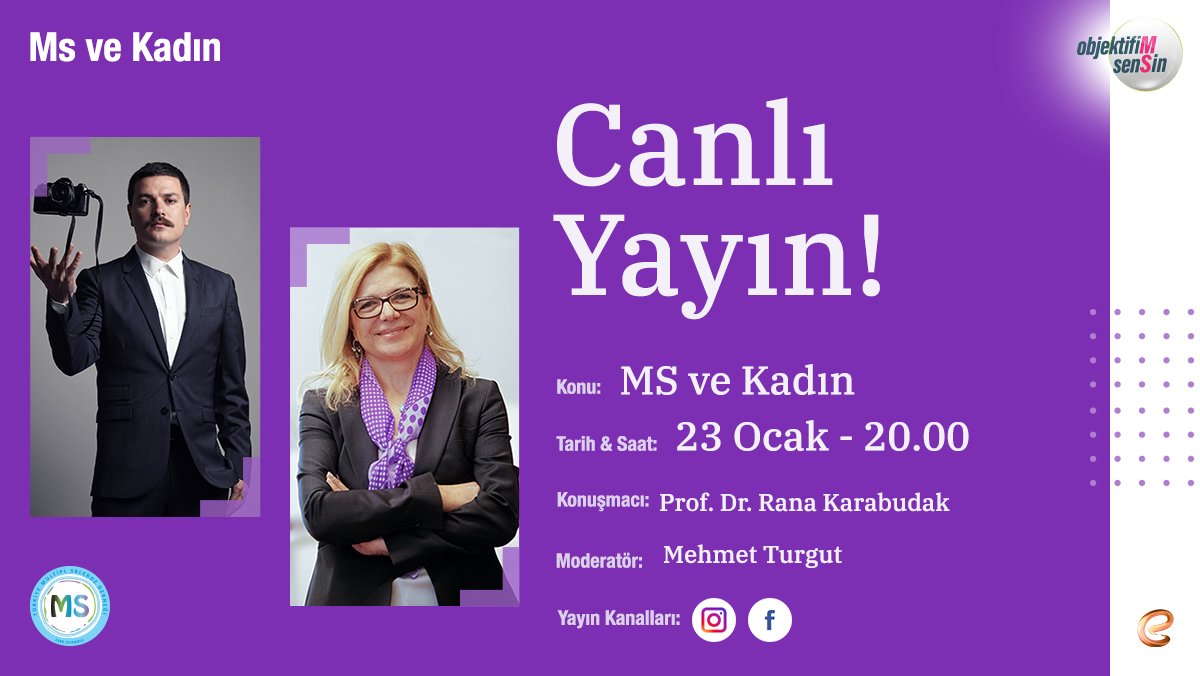 objektifimsensi's tweet photo. 23 Ocak Perşembe günü saat 20.00’da canlı yayınımızda Prof. Dr. Rana Karabudak, fotoğraf sanatçısı Mehmet Turgut moderatörlüğünde MS ve Kadın konuları ile merak ettiklerinizi konuşacak. Sorularınızı ve yorumlarınızı bekliyoruz.
#hayatıbütünüylebeniMSe #MS #MSnedir #MSfarkındalık https://t.co/ogzFdzSEzZ