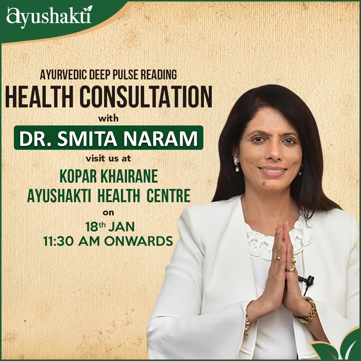 ayushakti_ind's tweet photo. Have any doubts about your health? Meet Dr. Smita Naram, Ayushakti founder at our KoperKhairane Centre on 18th Jan from 11:00 am onwards.
Contact us on our toll-free India no. 18002663001
Koper Khairane Clinic Add: https://t.co/x0haasUgDG
#Ayushakti #PulseReading https://t.co/95enl6hLhI