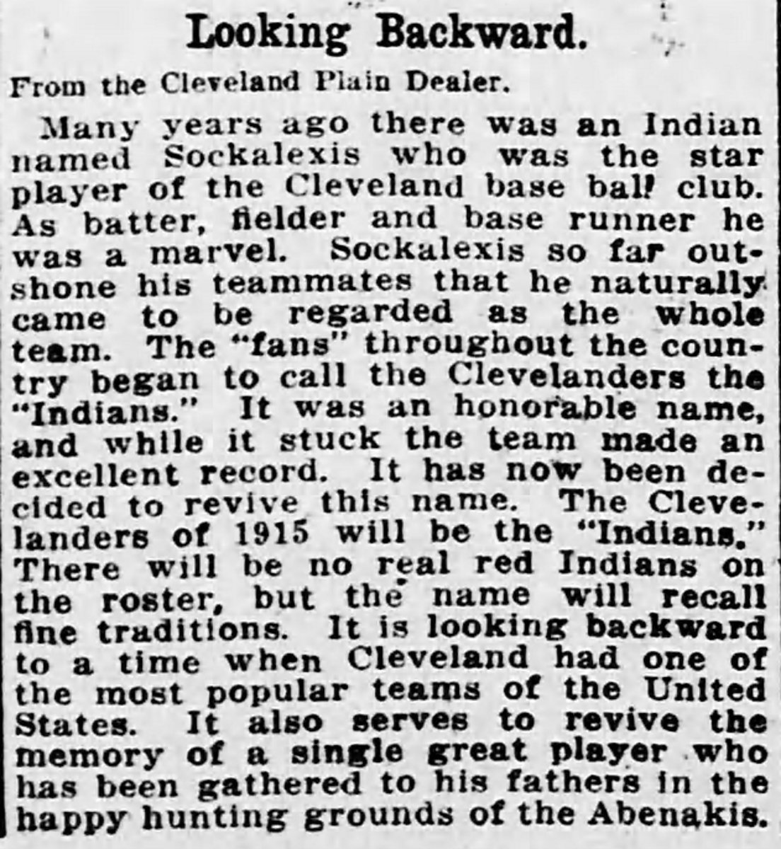 OTBaseballPhoto's tweet photo. #OTD in 1915, the Cleveland Plains Dealer publishes an article explaining the reason AL Cleveland franchise is changing their nickname from "Naps" to "Indians" is to honor Louis Sockalexis, the 1st Native American to play in MLB. Sockalexis played in Cleveland from 1897 to 1899 https://t.co/2qhySATsOl