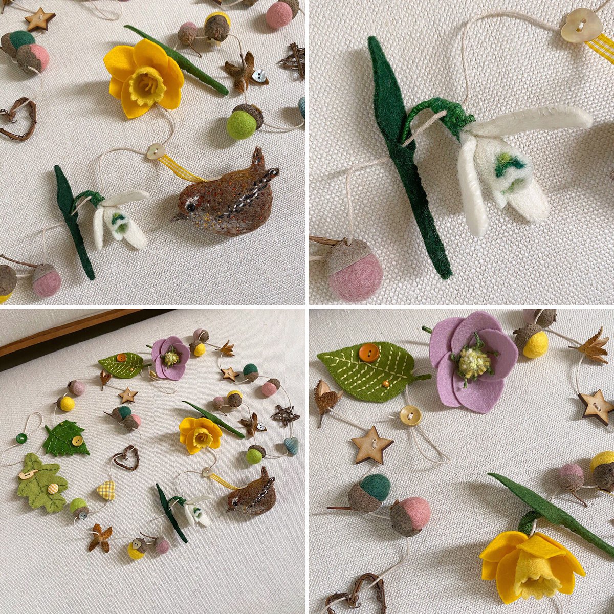 WildandWool's tweet image. Dreaming of Spring at Wild &amp;amp; Wool HQ today while finishing this garland. It features a little Jenny wren which is one of my favourite little birds. Have a good weekend all 🌱🌸💛
#Springgarland #needlefelting #handmade #choosewool #wildandwool #slowmade #madeinBath #woolart