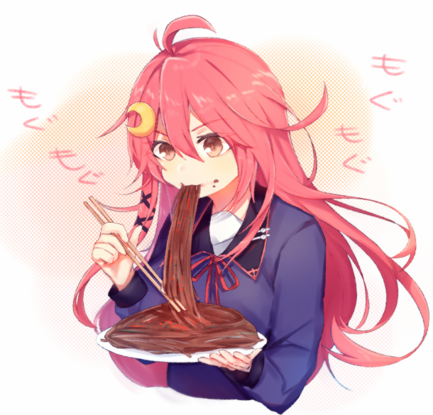 お題箱より卯月が豪快にやきそばを食べているところです 