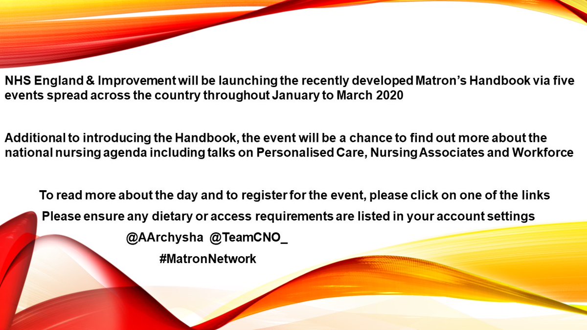 London 29th January: events.england.nhs.uk/events/matrons…
Taunton 20th February: events.england.nhs.uk/events/matrons…
Birmingham 26th February: events.england.nhs.uk/events/matrons…
Liverpool 24th March: events.england.nhs.uk/events/matrons…
Leeds 25th March: events.england.nhs.uk/events/matrons…