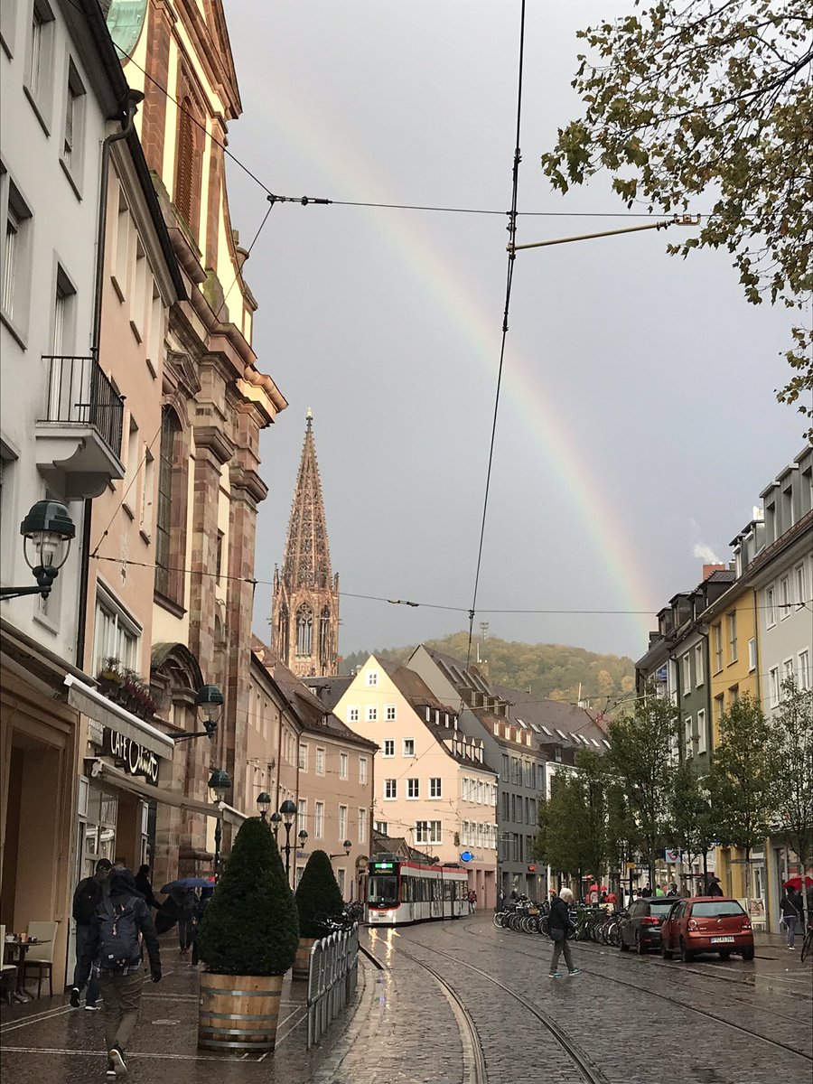 cityrailmap's tweet photo. With our #Freiburg #cityrailmap, you can know this is the number 2 tram that goes past a 750-year old church. Find our #icon of the church on the map to easily know where you are #evenoffline. Remember your first map is always #free! #traveling #Deutschland #blackforest #rainbow https://t.co/JmylhafH2l