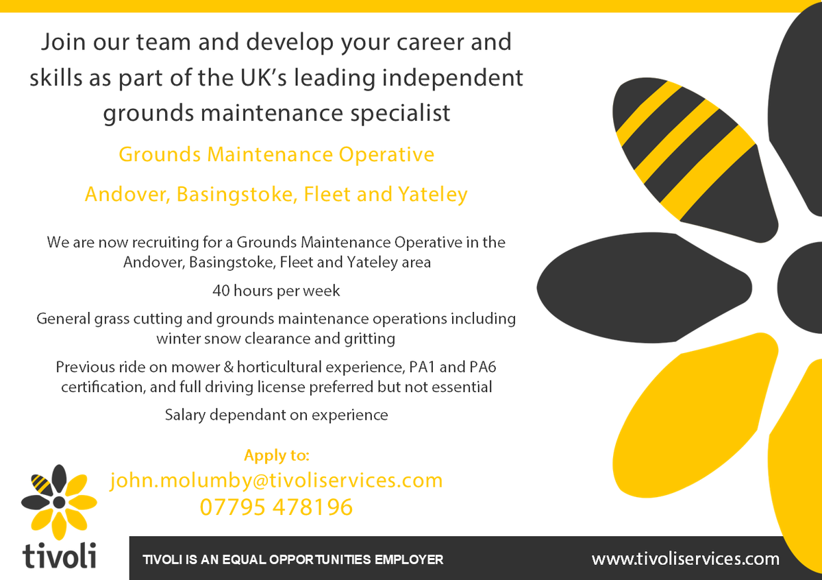 TivoliGroupLtd's tweet photo. We are recruiting a Grounds Maintenance Operative in the Andover, Basingstoke, Fleet &amp; Yateley area...are you looking for a new challenge to kick off your 2020? Come &amp; join a growing team! #Jobs #jobsearch #Recruiting #JoinUs #andoverjob #basingstokejob #Horticulture #WeAreHiring https://t.co/gyFJ1NbcJU