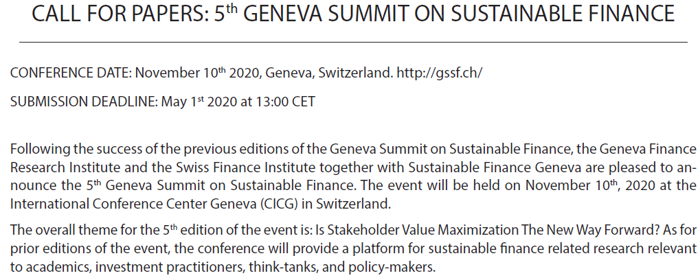 GVAsummit's tweet photo. 🚨Call for papers🚨: 5th Geneva Summit on Sustainable Finance

GSSF invites researchers to submit their papers to be considered for presentation at the next summit on November 10th 2020.

Submission deadline: May 1st, 2020.

More details here: https://t.co/NH0raaiPhL https://t.co/usqo6xgfae