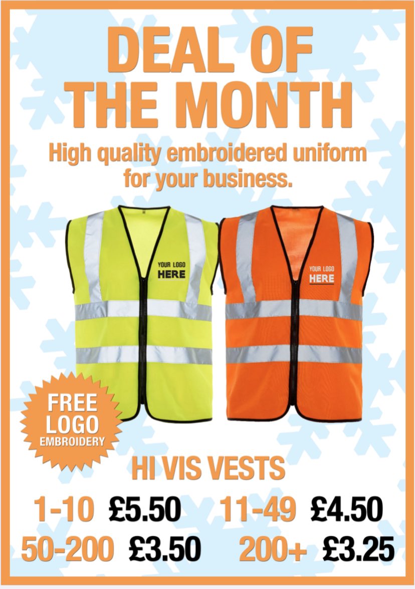 Looking for some hi vis to be seen and keep up with health and safety regulations? Look no further with these vests with FREE EMBROIDERY. 

For more info email sales@beteamwear.co.uk or call 01361 810304

*prices exclude VAT