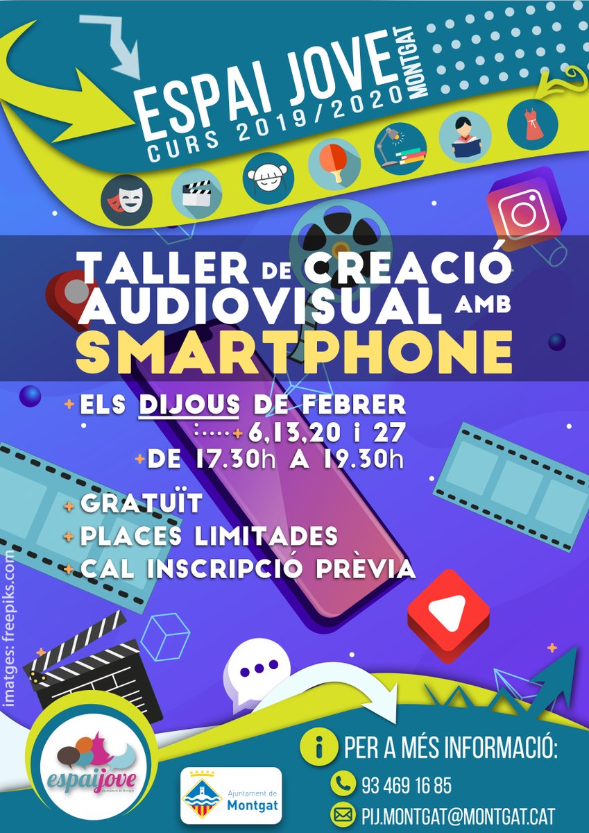 Montgat's tweet photo. Obertes les inscripcions! Taller de creació audivisual amb Smartphone! Vine a l'Espai Jove i informa't. Inici de les sessions el dia 6 de febrer! #MontgatJove #Montgat https://t.co/DoHbbJYTJD