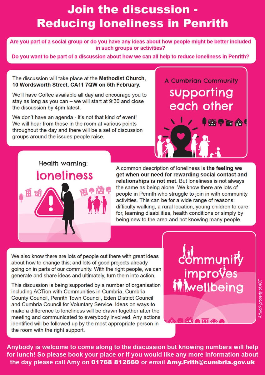 Reducing Loneliness in Penrith: Join the discussion on 5th February at the Methodist Church, Penrith. For further information or to book your place please contact Amy at <a href="/CumbriaCC/">Cumbria County Council</a> on 01768 812660 or email: amy.frith@cumbria.gov.uk #KindCumbria