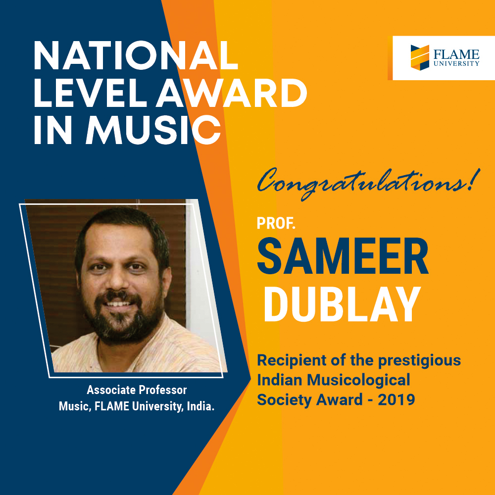 FLAMEUniversity's tweet photo. #FLAMEUniversity is very proud and congratulates Prof. Sameer Dublay for his achievement in the Indian Musicological Society Award - 2019.
#FLAMEUniversity #Music #IMSA2019 https://t.co/xVYbF3A4zX