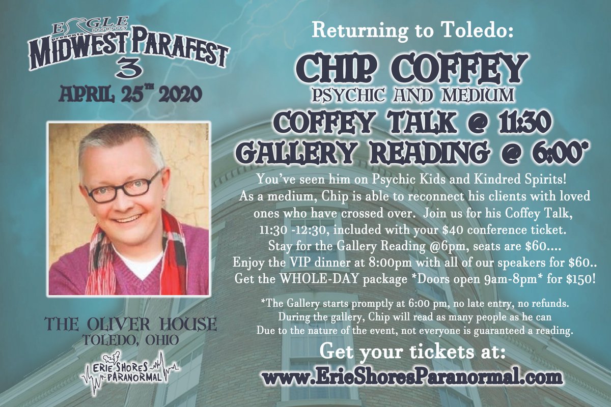 ShoresErie's tweet photo. Midwest Parafest is coming soon. Our friend Chip Coffey will be joining us at The Oliver House April 25th. Chip is famous for helping people connect to past loved ones and he's holding a Gallery Reading at our event. Tickets are limited so get yours soon. https://t.co/AIudD6Rbdr