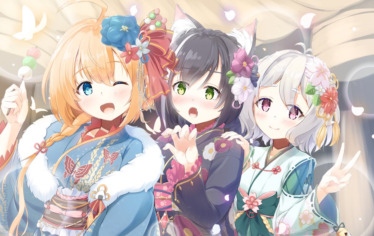 キャル(プリコネ) ,コッコロ(プリコネ) ,ペコリーヌ(プリコネ) 「あけましておめでとうございます(大遅刻
振袖ペコ キャル コッコロ と共に今年も」|けースヶのイラスト
