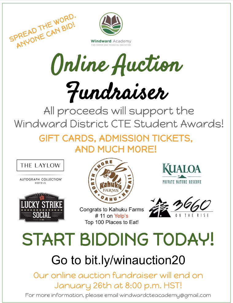 Please support our only fundraiser of the year! All proceeds will go to purchasing awards for our student events! Hawaii &amp; US items in our auction so please share link with family &amp; friends! Auction closes on 1/26 at 8 pm HST! Mahalo 🤙🏼! #windwardcte bit.ly/winauction20