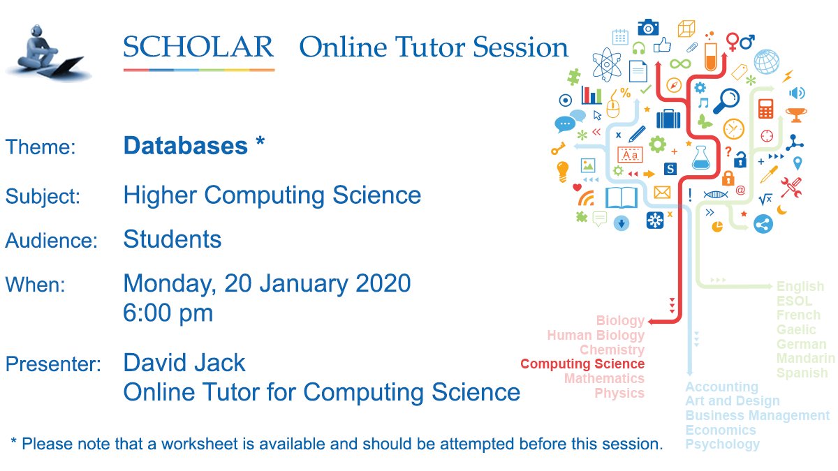 ScholarUK's tweet image. Studying Higher Computing? Try our ‘Databases’ worksheet:
scholar.hw.ac.uk/sessionsSchedu…
Join us at 6:00pm today, Monday 20 January
heriot-watt.adobeconnect.com/scholartutorse…
#HigherComputing #revisionhelp