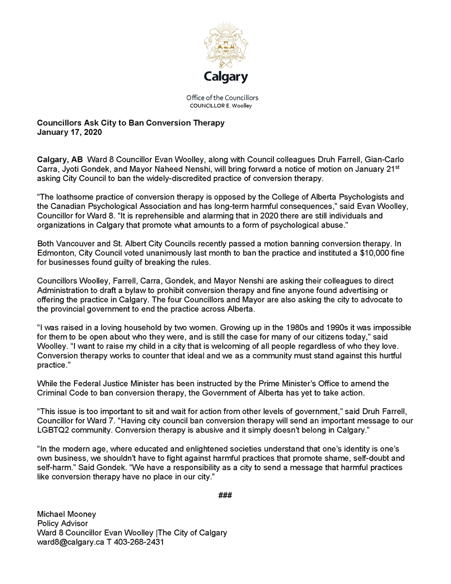 EWoolleyWard8's tweet photo. My #yyccc colleagues &amp; I will be bringing a Notice of Motion to ban conversion therapy in Calgary:

https://t.co/y3ghwK50GG #yyc #Calgary https://t.co/YIhj4LzKpM