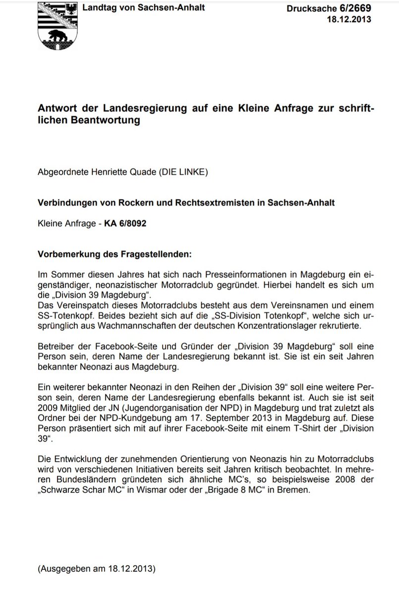 PresseserviceRN's tweet photo. Zu der gestrigen Spontanversammlung #MD1601 hat sich inzwischen die #Division39 aus #Magdeburg bekannt.
In der seit 2013 aktiven rockerähnlichen Gruppe tritt, laut Innenministerium Sachsen-Anhalt Abt VS, ein "überdurchschnittlich hoher Anteil an Rechtsextremisten in Erscheinung". https://t.co/vqc5CmgCYP