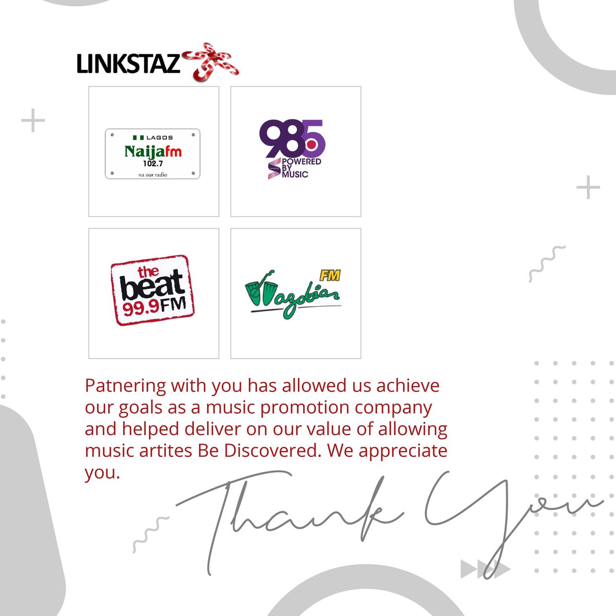 Linkstaz's tweet photo. Thank you ⁦@Naija102FM⁩ !
Thank you ⁦@Soundcity985FM⁩ !
Thank you ⁦@THEBEAT999FM⁩ !
Thank you ⁦@Wazobia_FM⁩ ! Partnering with you has allowed us deliver on our value of helping artistes #bediscovered https://t.co/W50edNda0a
