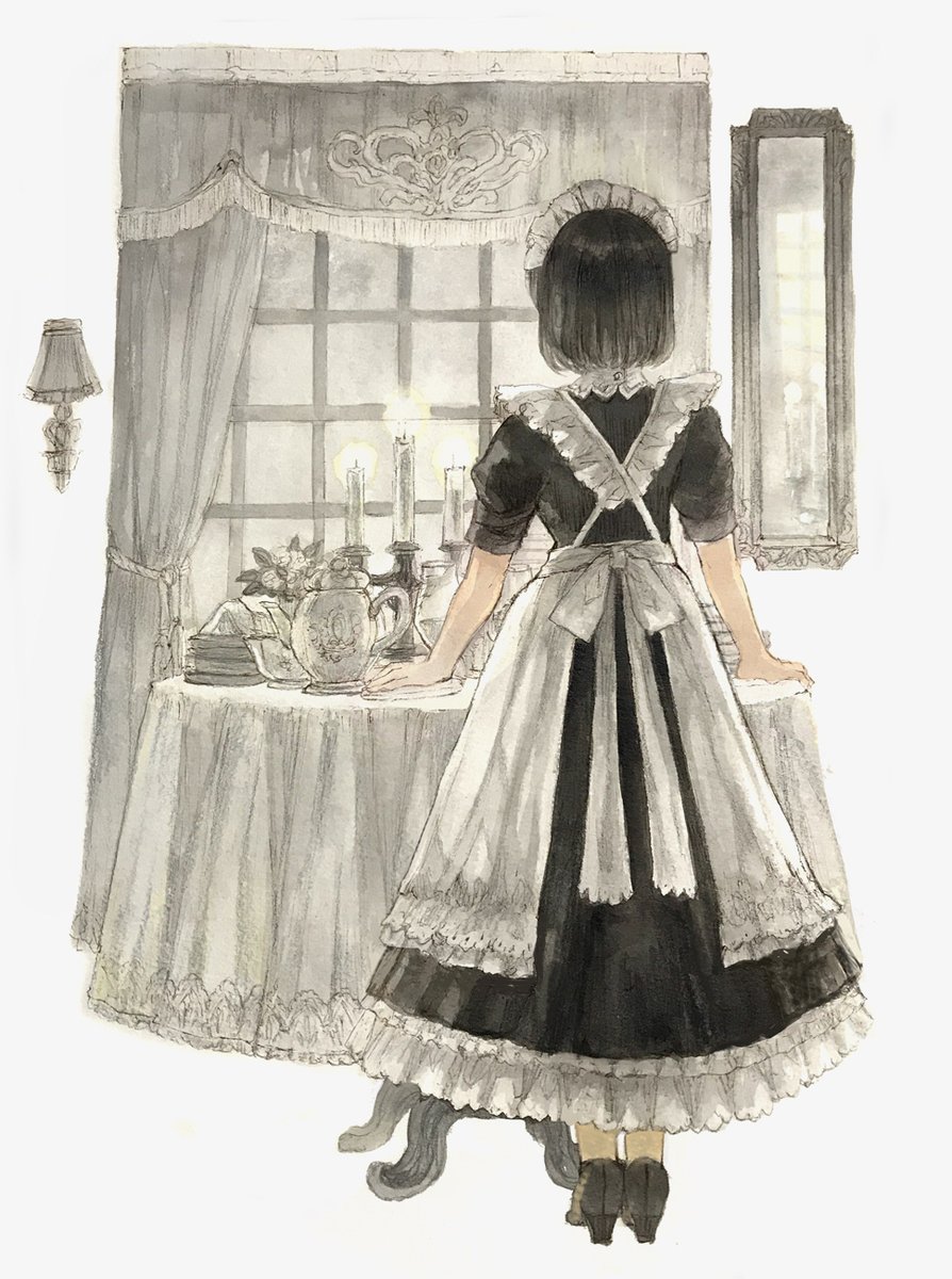 1girl maid headdress black hair maid solo apron table  illustration images