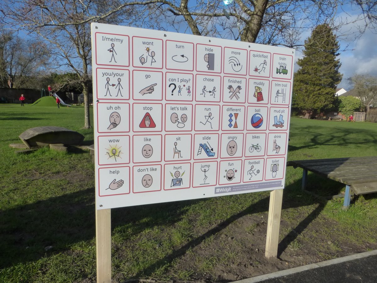 BLVISchool's tweet photo. Loving our new playground communication board. It means everyone can have fun with their friends outside!! #inclusive #communication  @Widgit_Software https://t.co/3600yubTvC