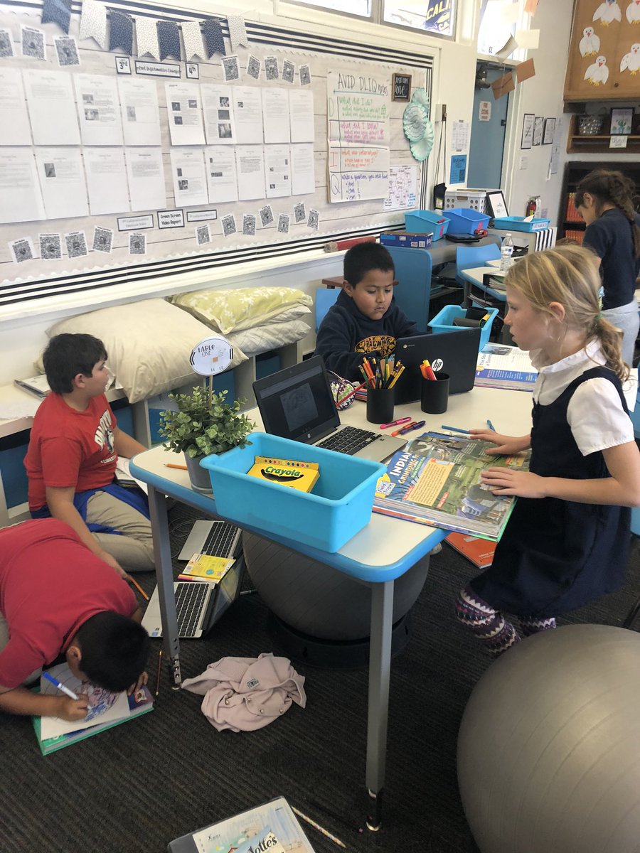 PalmyraPACT's tweet image. Our class loves flexible seating! This is what social studies looks like-3rd is working on a creative wheel about CA communities. 4th is doing a jigsaw read, then will complete a collaborative strip paragraph, they will present as a green screen video.  #gatestudents #gateprogram