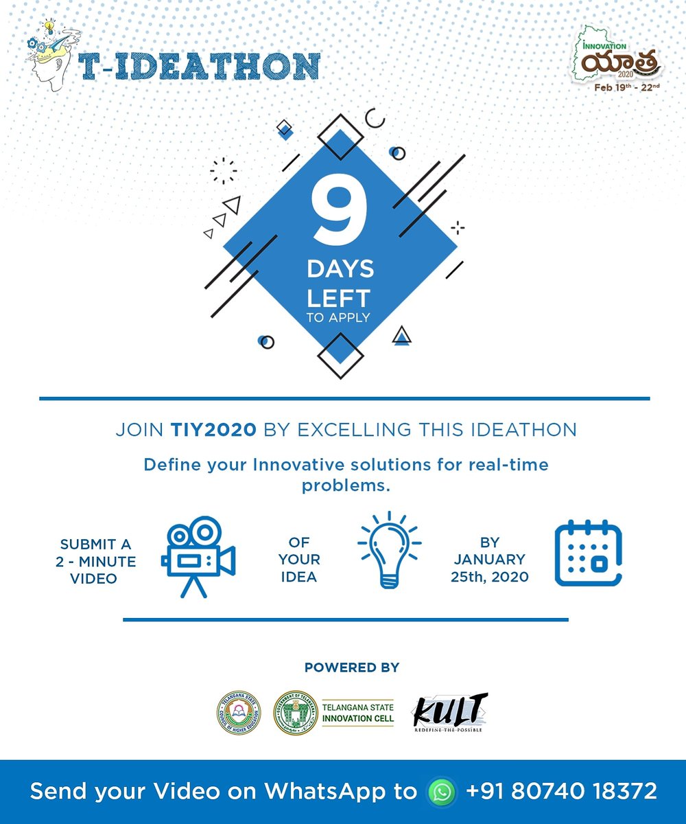 innovationyatra's tweet photo. T - IDEATHON where  ideas make excellence
Let your journey towards *TIY2020* begin with your innovative Idea
@teamTSIC  @tHubFoundation  @wekult #TIY2020 #TIDEATHON https://t.co/1pBm9SDA14