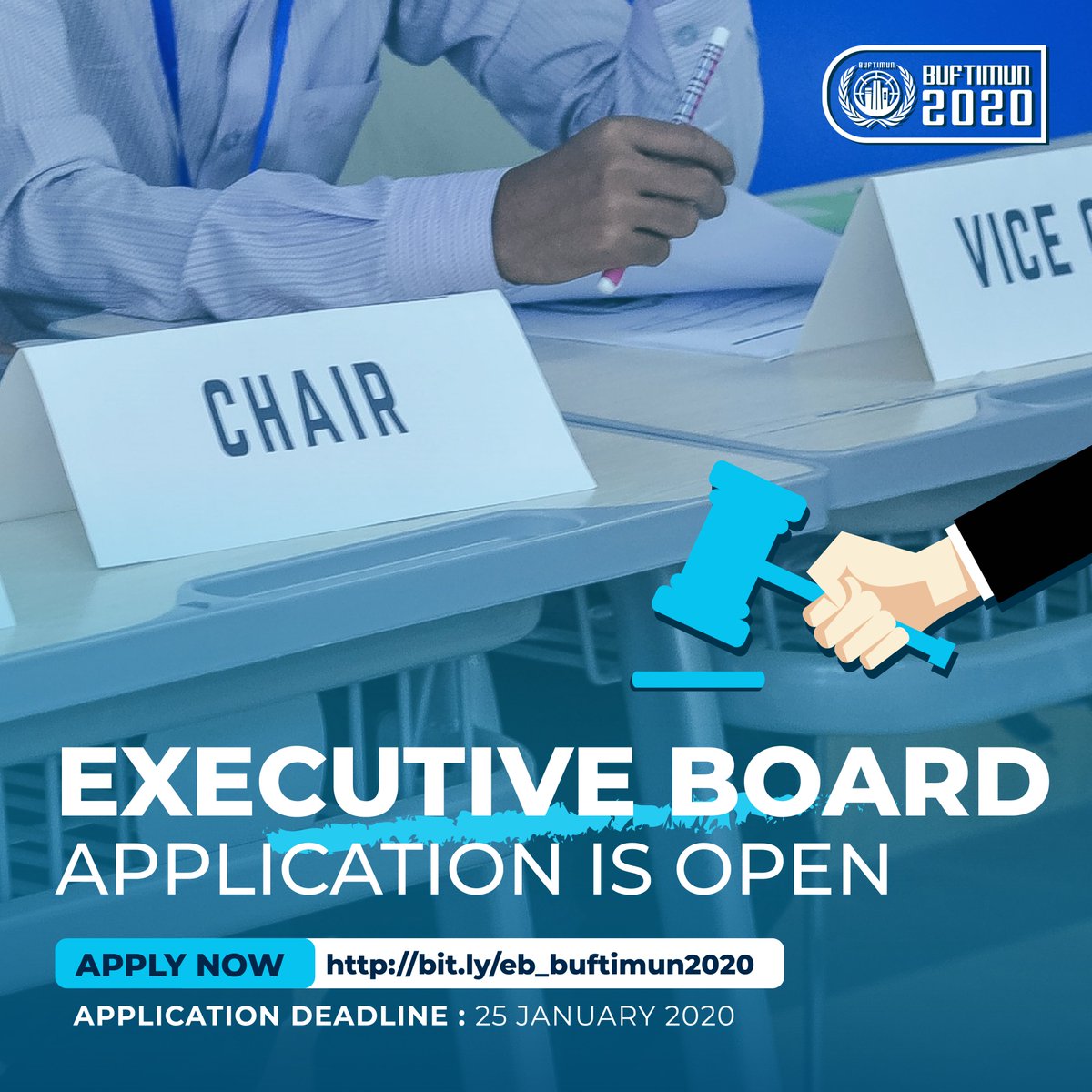 buftmuna's tweet photo. Executive Board Application is OPEN for BUFTIMUN2020!
Apply Here: https://t.co/D0lSkjgFm2
Application Deadline: 25 January 2020
#WeavingTheFuture
#BUFTIMUN2020
#VisionariesToChange
#BUFTMUNA https://t.co/sepLZ8C7Sg