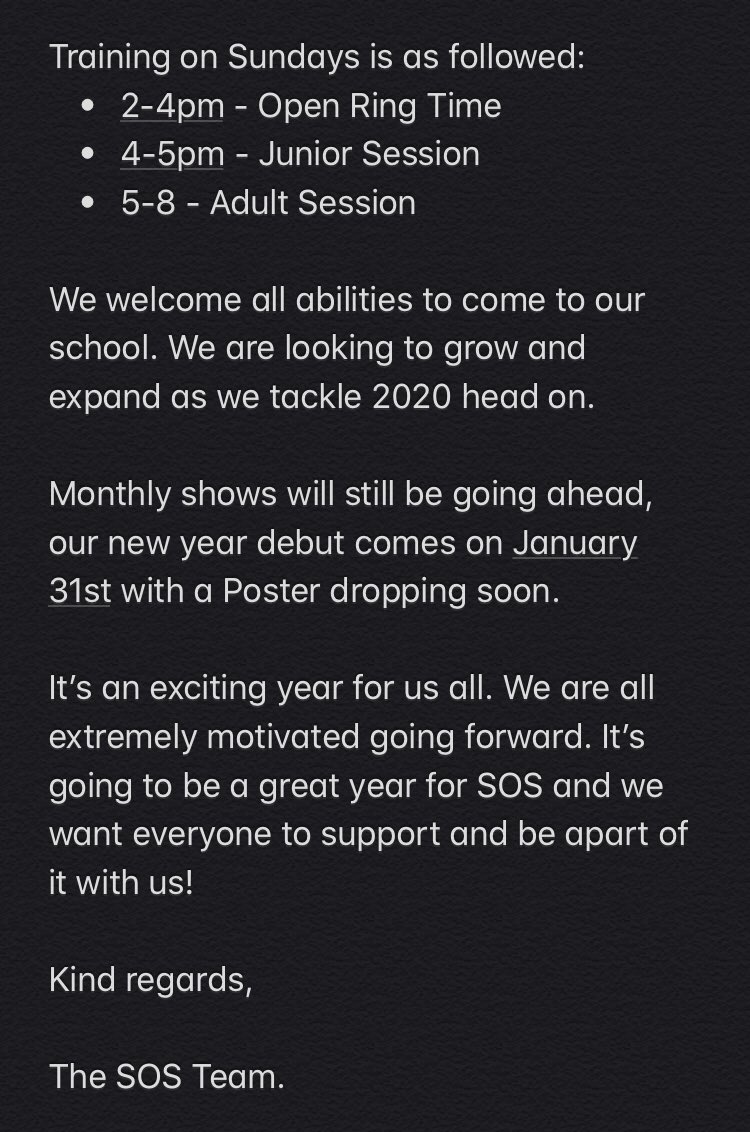 SOS_Wrestling's tweet photo. Statement regarding the new start for us here at SOS Wrestling.
Please show love and support as we kickstart 2020 the right way. https://t.co/g0fOT2smZC