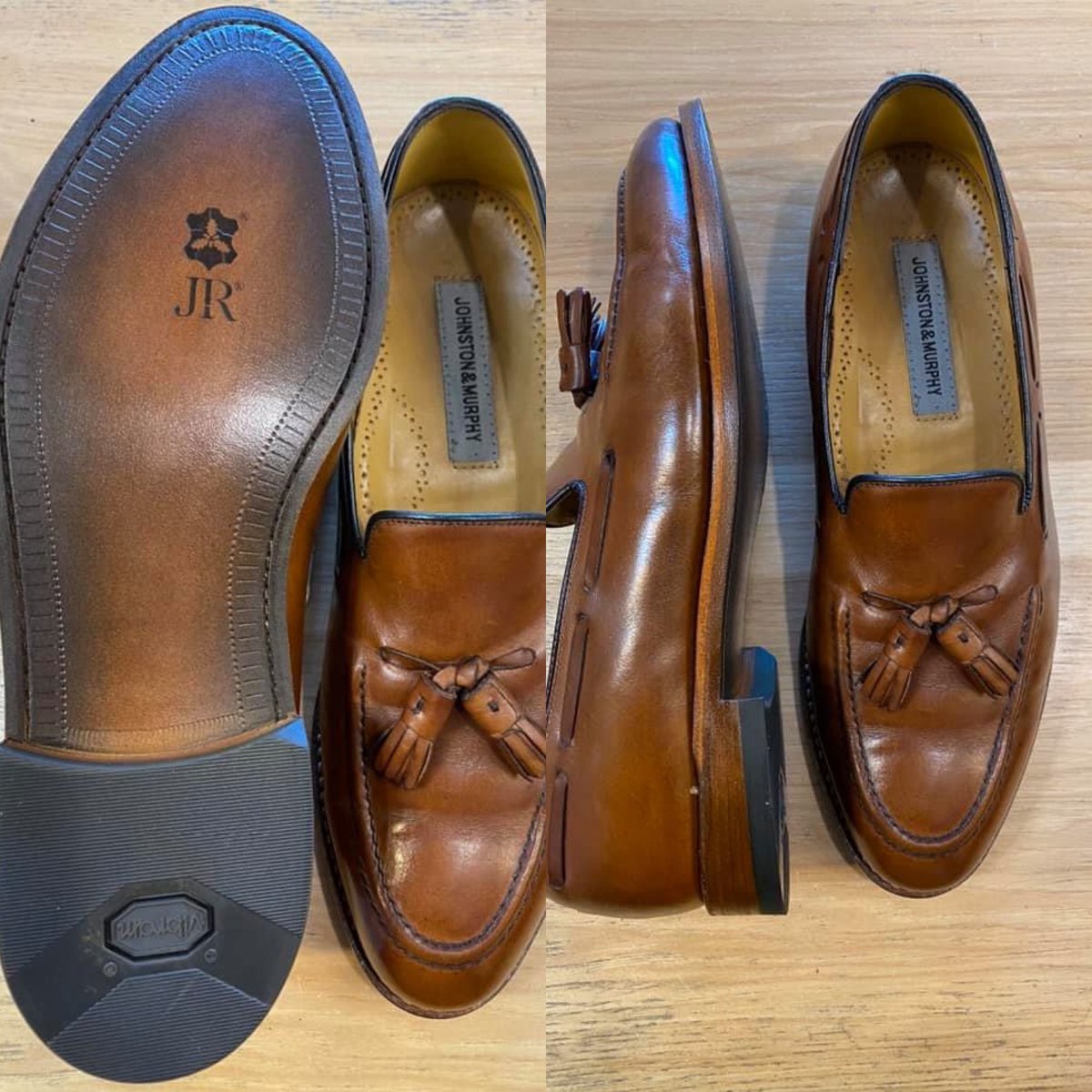 A pair of full leather JR soles...crafted with some extra TLC #jrsoles #shoerepair #johnstonmurphy #recraft #repair