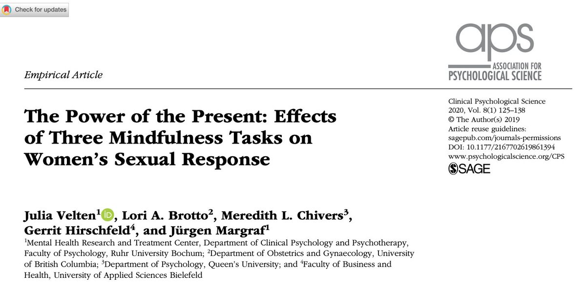 Delighted to see this collaboration out in print @ #ClinicalPsychologicalScience <a href="/Psychojule/">Dr. Julia Velten</a> @DrLoriBrotto. Screenshot of the abstract in the comments. #sexscience #Mindfulness