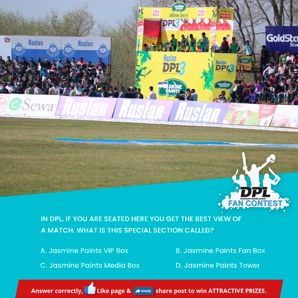 dpldhangadhi's tweet photo. JASMINE PAINTS DPL FAN CONTEST - I
To be eligible for prizes:
🏏Answer the question correctly
🏏Follow
🏏Retweet publicly
🎉Win attractive gift hampers from @jasmine_paints
#JasminePaints #NepaliCricket #DPL4
#JasmineDPLFanContest #DPLFanContest #CricketInNepal #DPL https://t.co/DiGy7KKbtu