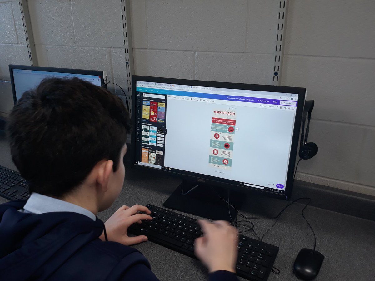 MrTiffeysClass's tweet photo. With help from @canva, @StEsRockville 8th graders begin designing their infographics to share and explain their knowledge from their latest @EVERFIK12 lesson, "Marketplaces". #LifeSkills @EVERFI https://t.co/e94f5uZi0V